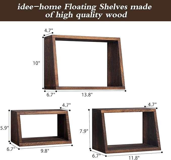 idee-home Bathroom Floating Shelves for Wall, Wood Farmhouse Decorative Wall Mounted Hanging Shelves for Kitchen Bedroom Living Room, Rustic Brown, Set of 3