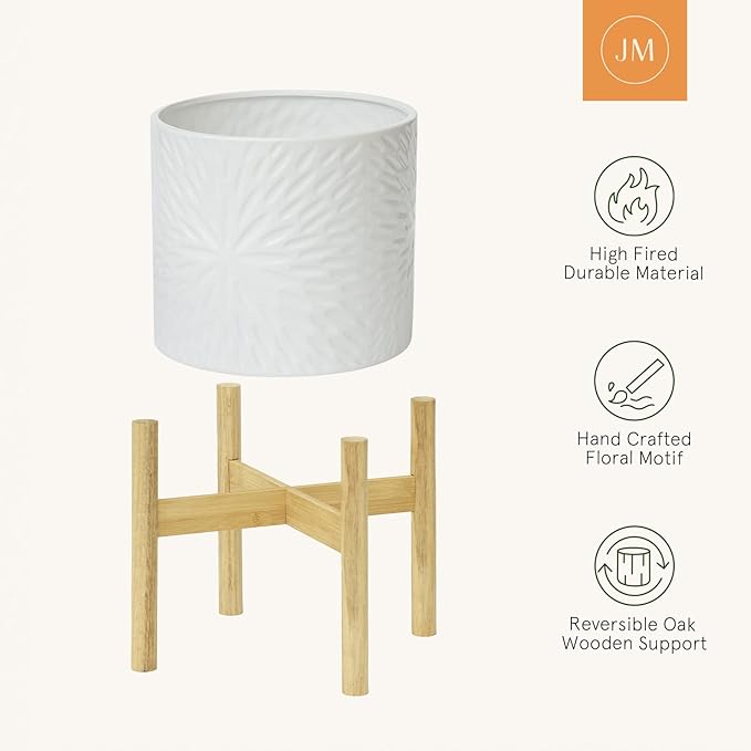 LA Jolie Muse Large Ceramic Planter with Stand Included,10 Inch Unique Modern White Plants Pot,Mid Century Indoor Planter with Wood Planter Holder with Drainage