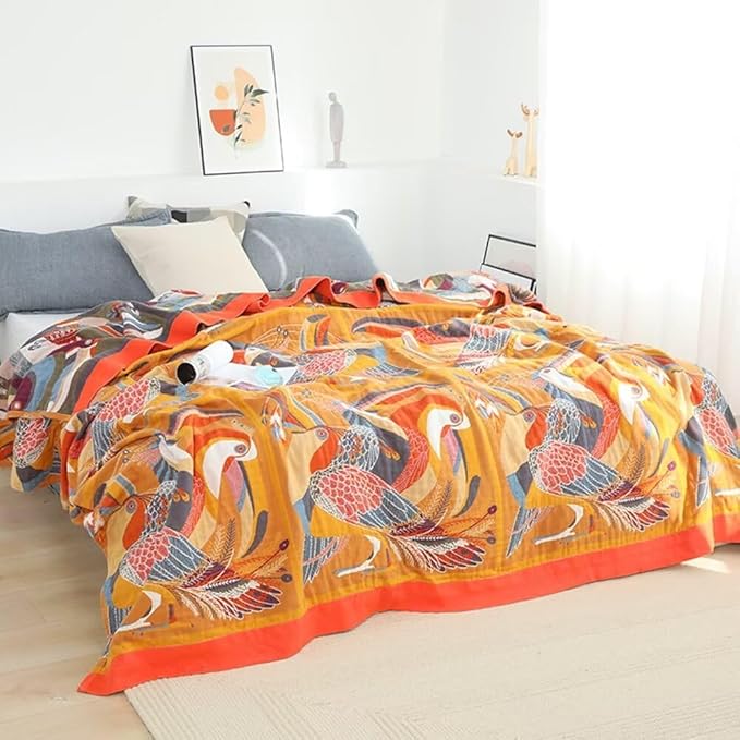 Boho Throw Blankets for Bed Home Decor, 100% Cotton Soft Cozy Boho Quilts Blankets 80"x90", Yellow Bird Lightweight Farmhouse Blanketsfor Armchair,Soaft,Couch,Picnic