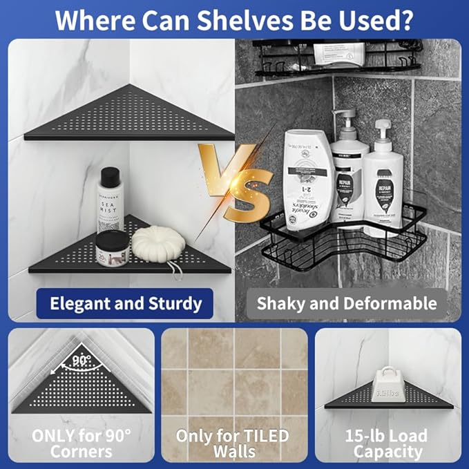 Corner Shower Shelf, 12" Matte Black 304 Stainless Steel Recessed Shelf for Bathroom, Grout in Shelf Rack for Tiled Wall, Large Size, No Drilling Needed