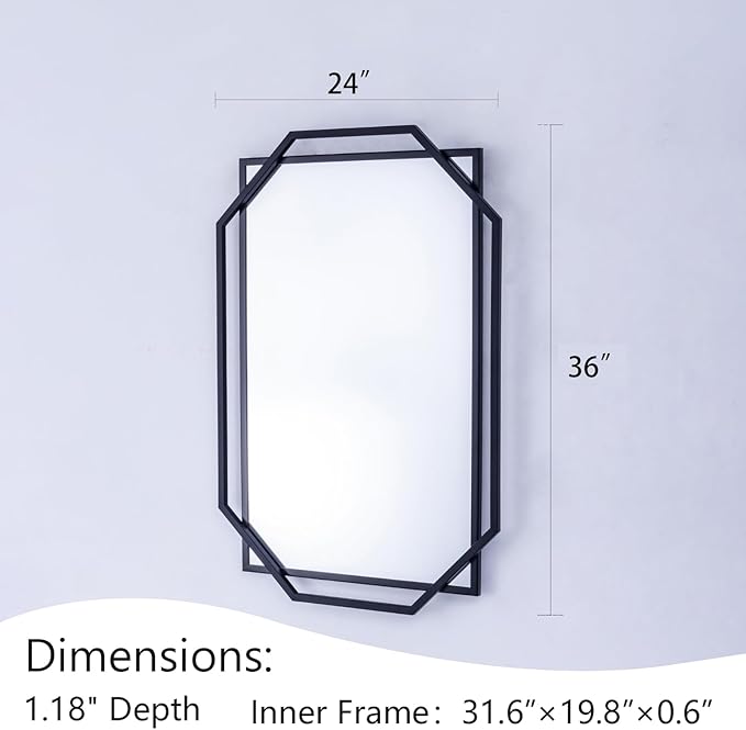 Black Bathroom Mirror, Decorative Wall Mirror with Modern Octagonal Metal Frame, for Living Room, Bedroom, Dining Room, Entryway (36" x 24")