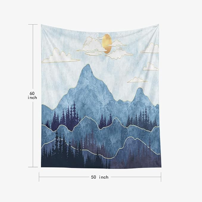 EMMTEEY Mountain Wall Tapestry - Mountains Trees With Gold Sun 50X60 Vertical Hanging for Christmas Backdrops, Photography, Bedroom Decor Aesthetic