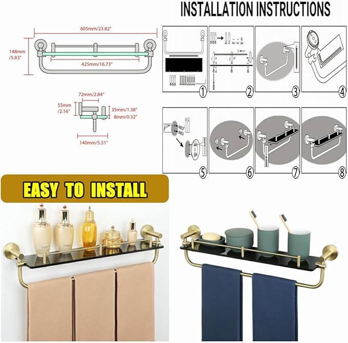 Alise Bathroom Shelves Glass Shelf with Bar,Wall Mount Floating Shelves for Bathroom,Tempered Glass Rack Holder Storage Organizer,GDL8600-GB SUS 304 Stainless Steel Gold and Black Finish