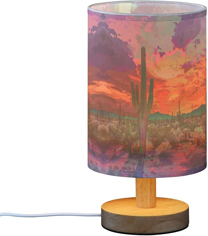 Table Lamp Pretty Cactus Desert Sunset Nightstand Lamp with Wood Base Fabric Lamp Shade Bedside Desk Lamp for Living Room Bedroom Kids Room Office