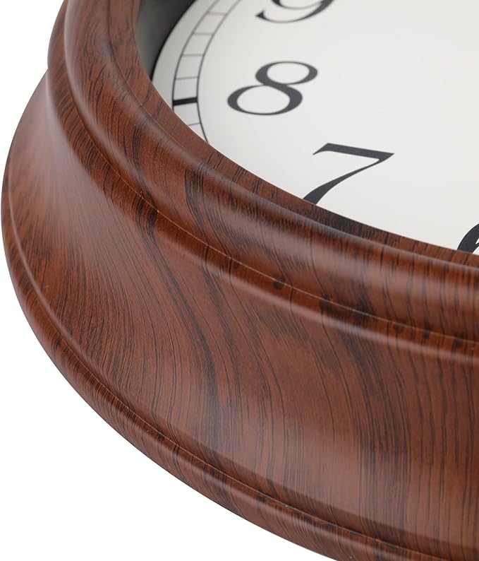 Wall Clock, Wood Grain Silent Non-Ticking Classic Retro, Battery Operated Wall Clocks for Living Room Kitchen Bathroom Home Decor- 12 Inch,Brown,Waterproof