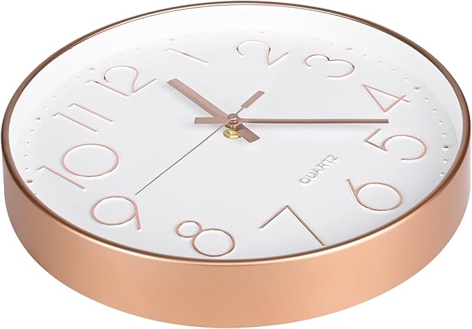 Wall Clock Battery Operated Non-Ticking Modern Analog Wall Clocks for Living Room, Kitchen, School (12Inch, Rose Gold)