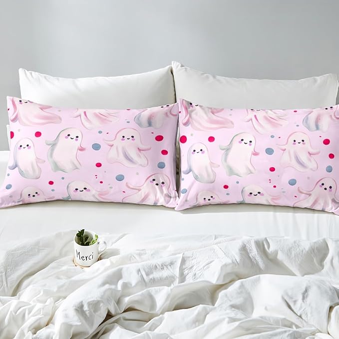 Feelyou Halloween 4 Pieces Sheet with 16 Inch Deep Pockets Queen Size Kids Cute Ghosts Bedding for Boys Girls Teens Pink Bed Sheets Set
