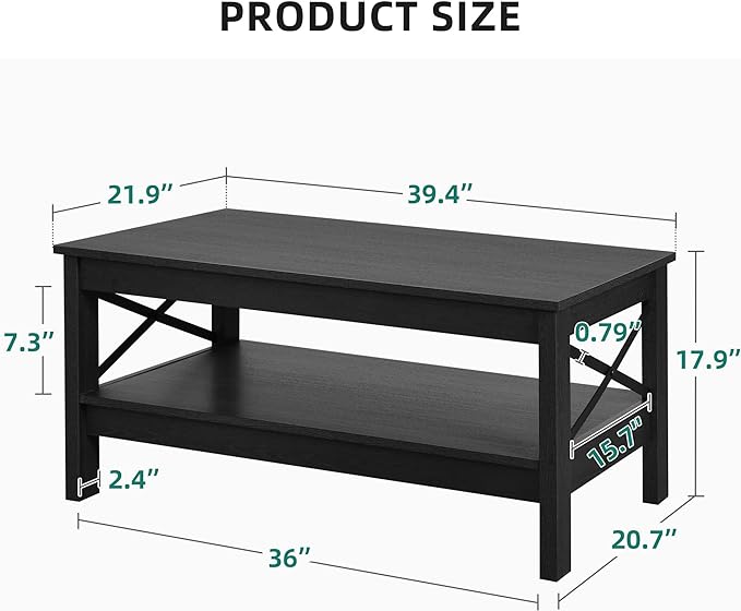 YITAHOME Coffee Table for Living Room, Modern Farmhouse Coffee Table with Storage, 2-Tier Center Table for Living Room Wood Living Room Table Accent Cocktail with Sturdy Frame, Black
