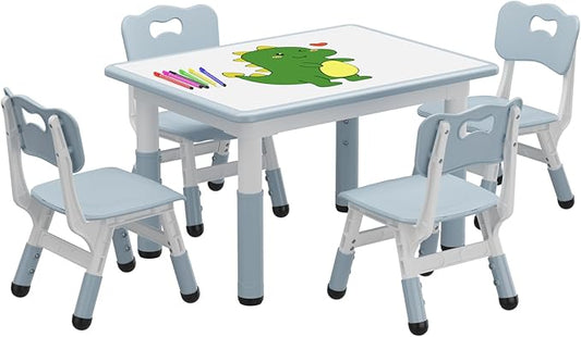 Kids Table and Chair Set, Height Adjustable Toddler Table and 4 Chairs Set for Ages 2-10, Graffiti Desktop, Non-Slip Legs, Arts & Crafts Table, Children Activity Table for Daycare Classroom Home