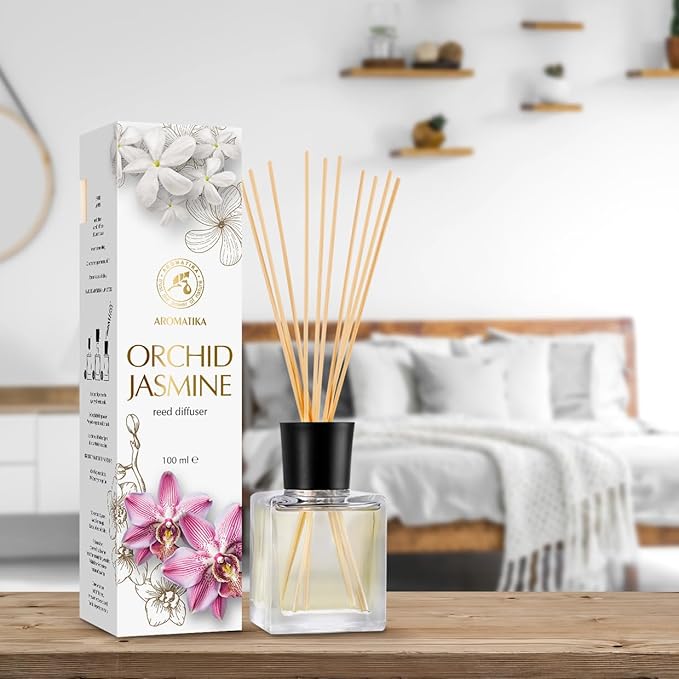 Reed Diffuser Orchid-Jasmine 3.4 Fl Oz - Fresh & Long Lasting Fragrance - Gift Set with 10 Bamboo Sticks - Good for Aromatherapy - Spa - Home - Kitchen - Bath - Office