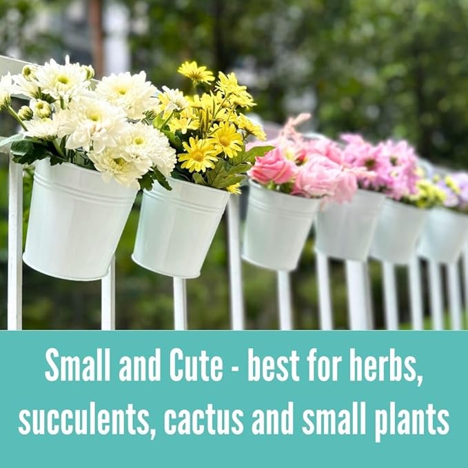 LaLaGreen Hanging Planters - 10 Pack, 4 Inch Balcony Railing Hanging Herb Garden Wall White Metal Bucket Fence Planter for Outdoor Plants Flower Pot Deck Rail Porch Window Box Hooks Macetas Colgante