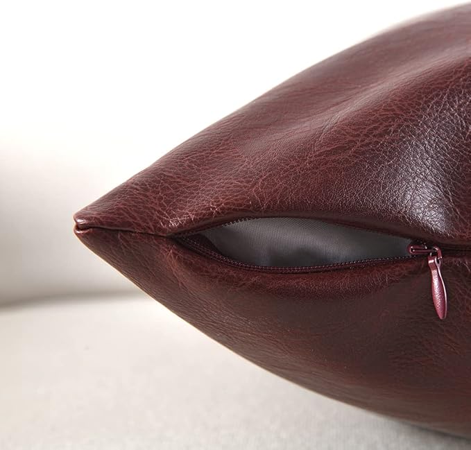 Fancy Homi 2 Packs Burgundy Lumbar Faux Leather Decorative Throw Pillow Covers 12x20 Inch for Outdoor Couch Bed, Modern Farmhouse Boho Home Decor, Wine Red Hand Stitched Cushion Case 30x50 cm