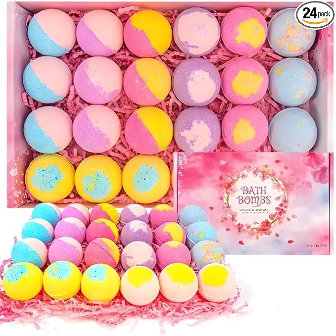 Bath Bombs for Women, 24pcs Handmade Natural Bath Bomb Gift Set Relaxing with Plant Aromatherapy and Essential Oils, Spa Vegan,Organic Gift Idea for Her,Girlfriend,Wife,Mother,Birthday,Oil Bubble Bath