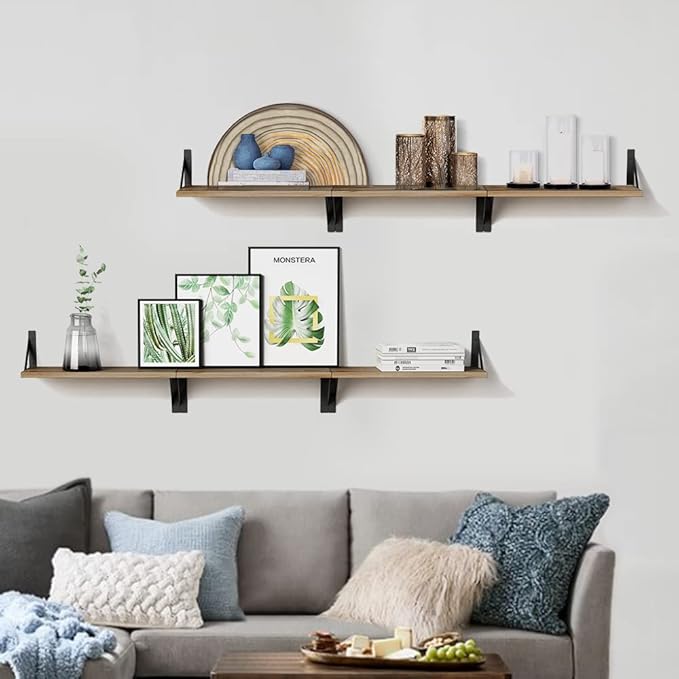 Floating Shelves with Black Metal Brackets Set of 3, Light Wood Wall Bookshelf for Bedroom Over Desk Bed, Hanging Shelf for Office Kitchen Living Room, Bathroom Over Toilet (Natural Color)