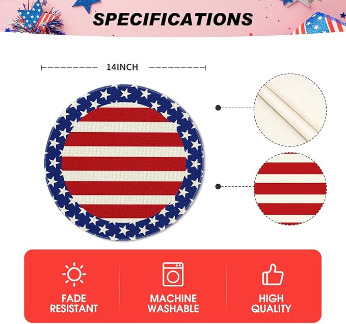 Artoid Mode Watercolor Stripes Stars 4th of July Round Placemats Set of 4,14 Inch Patriotic Memorial Day Table Mats for Party Kitchen Dining Decoration