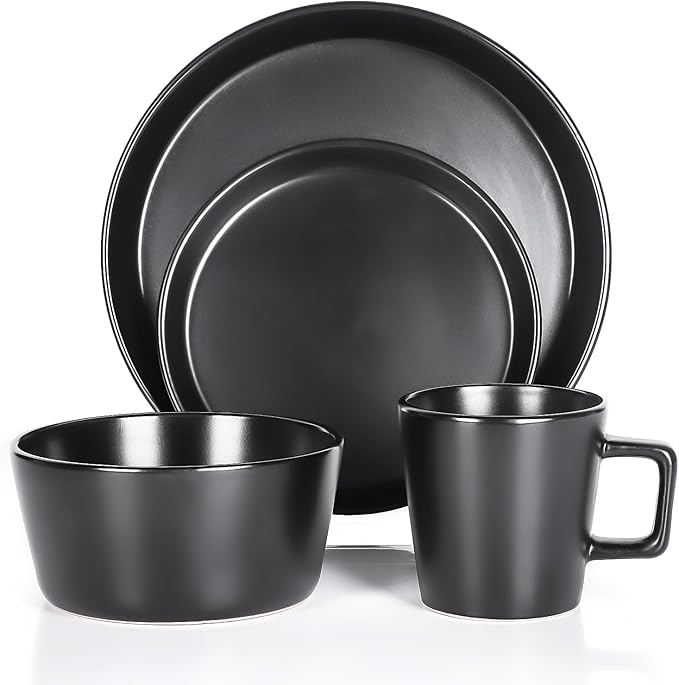 Plates and Bowls Sets, 16 Pieces Dinnerware Sets, Service For 4, Black