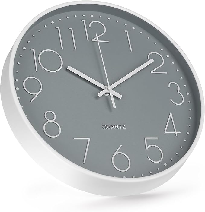 Wall Clock 12 Inch Non-Ticking Silent Modern Simple Style Round Decor Clock Gray Stereoscopic Dial Quartz Wall Clocks for Home/Office/School/Living Room/Bedroom/Kitchen
