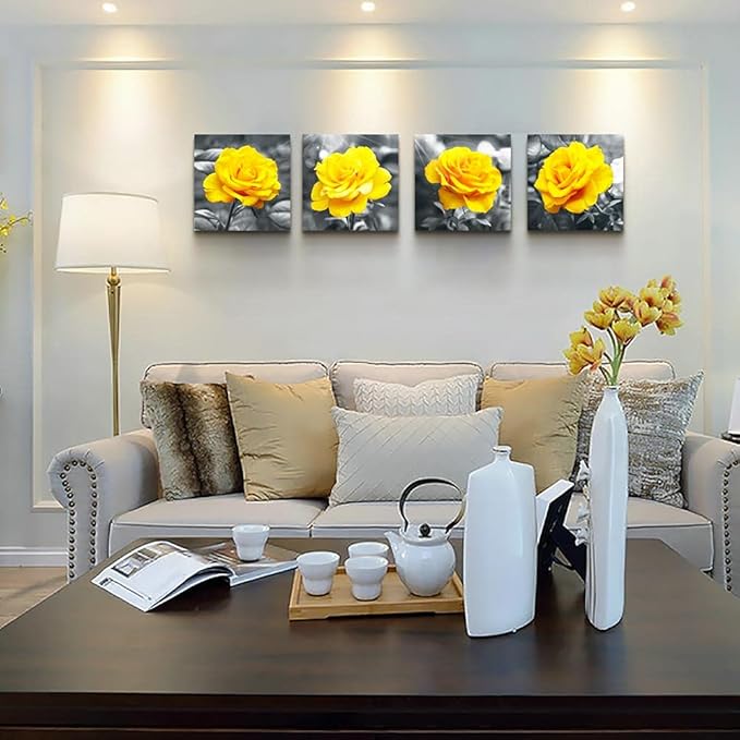 Canvas Wall Art For Living Room Family Wall Decor For Bedroom Modern Kitchen Wall Decorations Black And White Wall Pictures Artwork Yellow Rose Flowers Canvas Art Prints Large Size Home Decor 4 Piece
