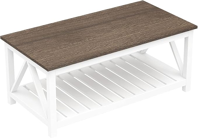 ChooChoo Farmhouse Coffee Table, Rustic Vintage Living Room Table with Shelf, 40 White