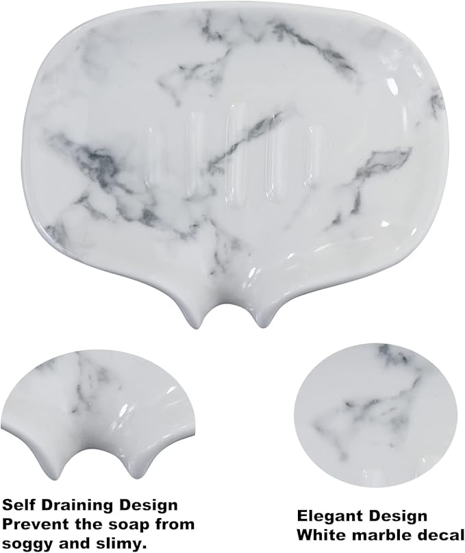 White Marble Texture Soap Dish Ceramic Soap Holder Self Draining Soap Dish Waterfall Slot Sponge Holder Bathroom Accessories for Bathroom, Kitchen,Bar Counter.