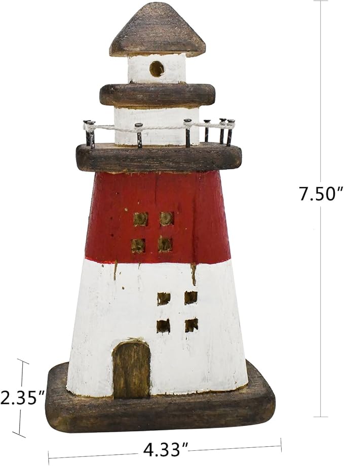 K KILIPES Beach Lighthouse for Bathroom Nautical Home Decor, 7.5" H Wood Light House Sculpture Tabletop Coastal Centerpiece Ocean Decorations