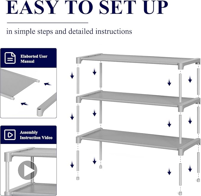 Kitsure Shoe Rack - Premium Non-Woven Shoe Rack Shelf, Shoe Organizer for Closet, Entryway, Garage & Corridor, Sturdy & Durable Long Stackable Shoe Shelves, Medium, Grey