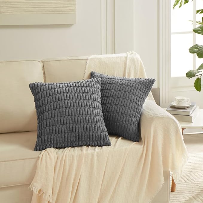 Fancy Homi 4 Packs Dark Grey Decorative Throw Pillow Covers 20x20 Inch for Living Room Couch Bed Sofa, Modern Farmhouse Boho Home Decor, Soft Plush Corduroy Square Cute Accent Cushion Case 50x50 cm