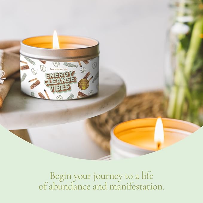 Magnificent 101 Long Lasting Energy Cleanse Vibes Candle | 6 Oz - 35 Hour Burn | All Natural Soy Wax Candle with Essential Oils for House Energy Cleansing & Manifestation | Let The Good Vibes in