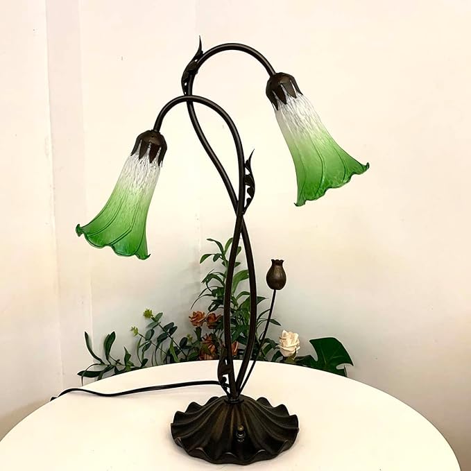 Bieye L10856 Lily Flower Blown Glass Accent Table Lamp for Living Room Bedroom Decoration (2-Light, Green)