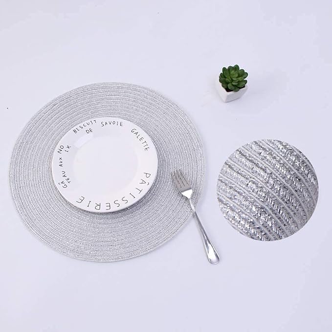 SHACOS Silver Glitter Round Braided Placemats Set of 8 Sparkle Bling Washable 15 inch Round Table Mats Woven Place Mats for Dining Table (Silver, 8)