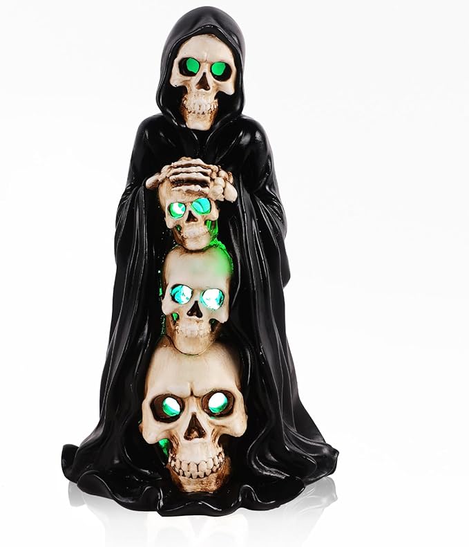 Grim Reaper Skull Halloween Decor - Solar - Powered Resin Statue, Unique Skeleton Head & Skulls Garden Decor, Ideal Spooky Gift