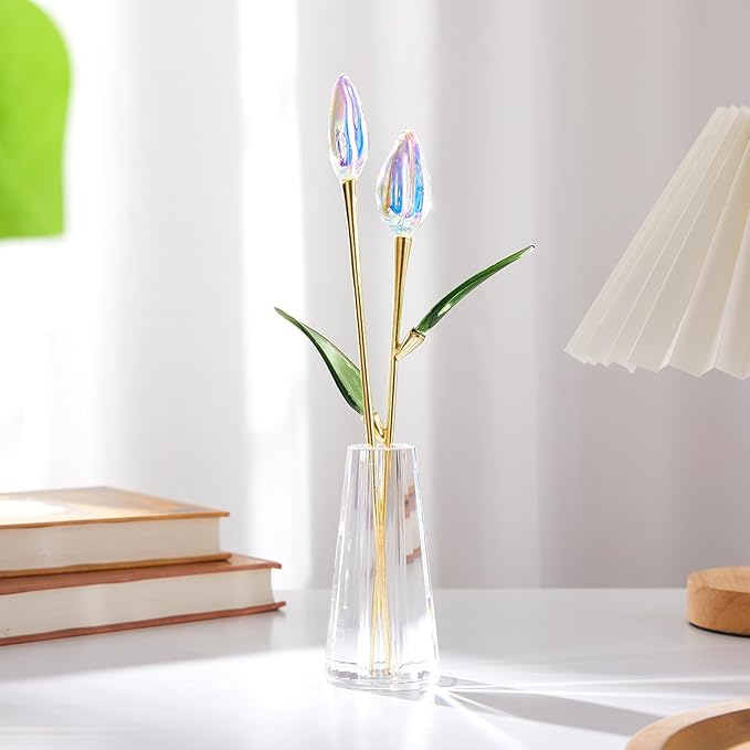 Crystal Tulips Figurine - Handmade Flowers with Vase - Glass Flower Bouquet Collectible Office Home Decor Paperweight - Tulip Gifts for Women Mom Bestfriend Wedding Anniversary