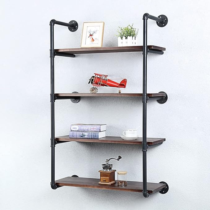 Industrial Pipe Shelving Wall Mounted,30in Rustic Metal Floating Shelves,Steampunk Real Wood Book Shelves,Wall Shelf Unit Bookshelf Hanging Wall Shelves,Farmhouse Kitchen Bar Shelving(4 Tier)