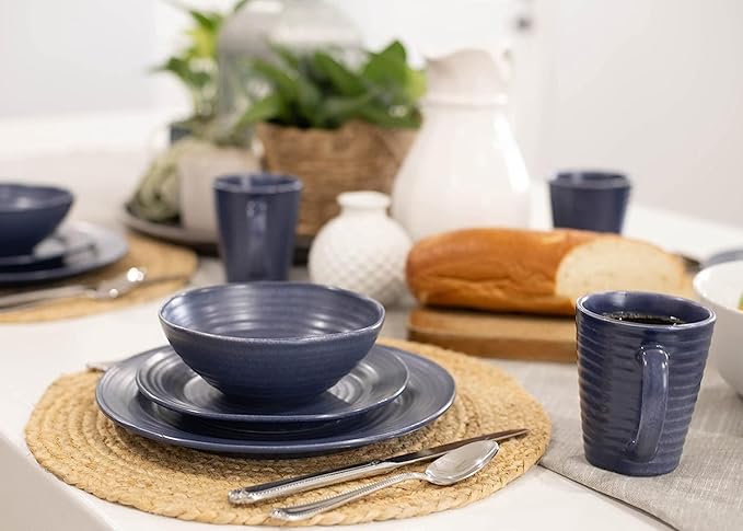 Elanze Designs Charming Chic Ribbed Modern Thrown Pottery Look Ceramic Stoneware Plate Platter Mug & Bowl Kitchen Dish Dinnerware 16 Piece Set - Service for 4, Navy Royal Blue