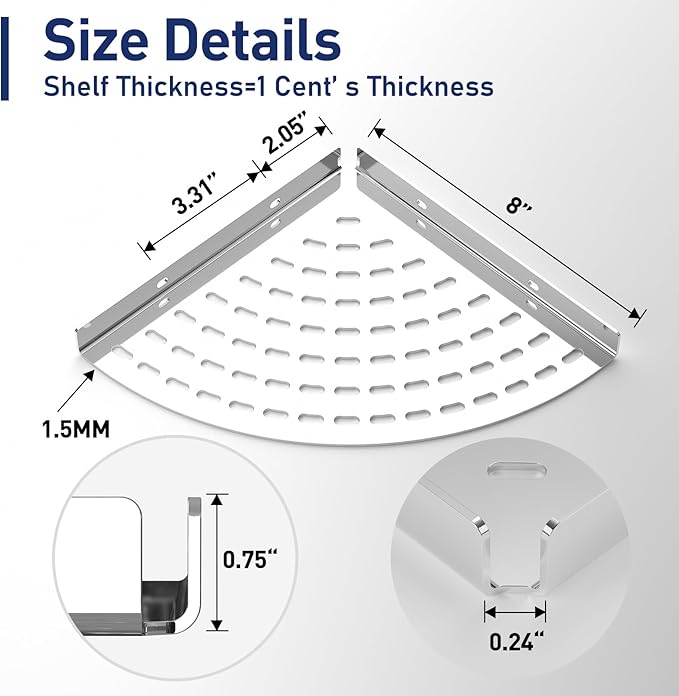 Corner Shower Shelves 304 Stainless Steel Polished Chrome Shower Corner Shelf 8in Corner Shower Shelf Drilling Installation Strong Load-Bearing Capacity