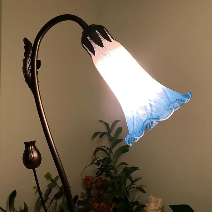 Bieye L10852 Lily Flower Blown Glass Accent Table Lamp for Living Room Bedroom Decoration (1-Light, Blue)
