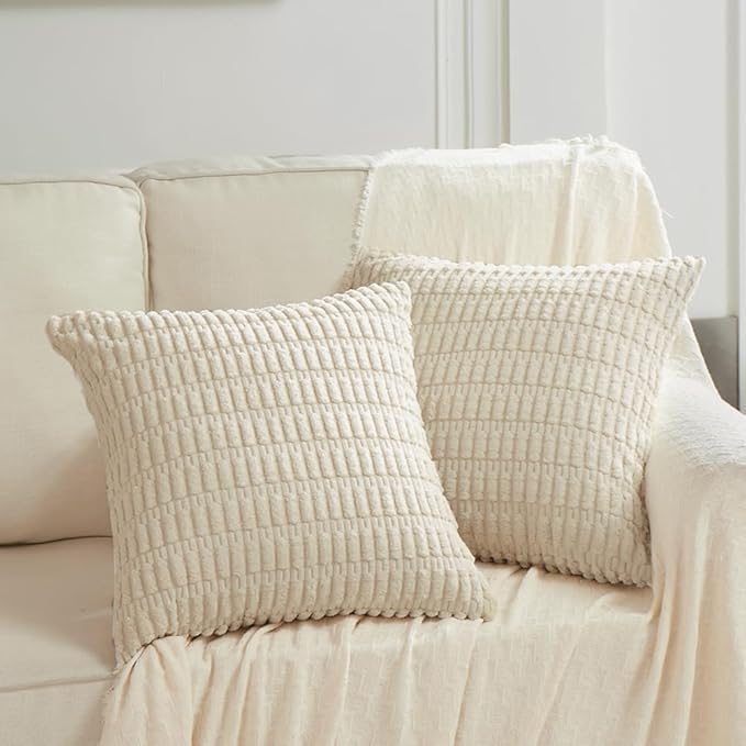 Fancy Homi 4 Packs Boho Cream Decorative Throw Pillow Covers 16x16 Inch for Living Room Couch Bed Sofa, Rustic Modern Farmhouse Home Decor, Soft Plush Corduroy Beige Cute Square Cushion Case 40x40 cm
