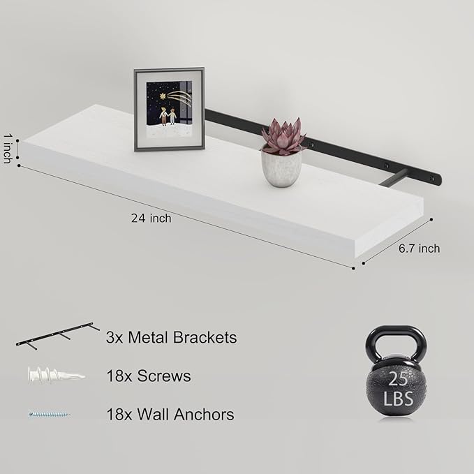 Floating Shelves 24 Inch Wall Shelf Solid Wood Mounted Storage for Bedroom Living Room Set of 2, White Wall Shelves