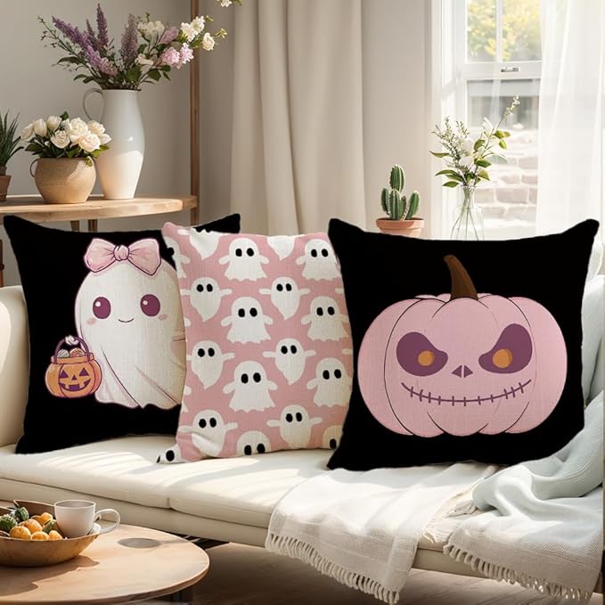 Halloween Pillow Cover 20x20 Inch Set of 4 Black White Skeleton Crow Spider Throw Pillow Covers Indoor Outdoor Farmhouse Decorative Pillow Case Halloween Home Sofa Bed Living Room Couch Decor