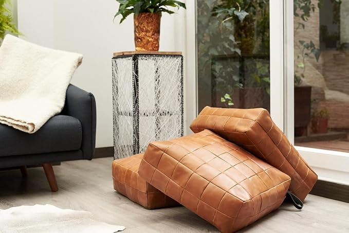 MARRAKESH STYLE Comfortable Leather Ottoman Pouf - Handmade Unstuffed Moroccan Pouf Cover - Square Pouf & Foot Rest Ottoman - Perfect for Living Rooms Bedrooms & Kids Room - Luxury Square Brown