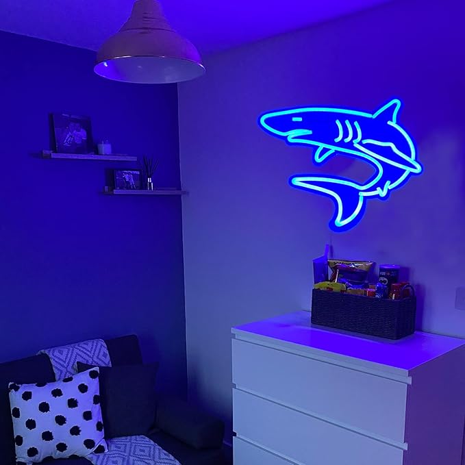 Dimmable Shark Neon Signs for Wall Decor,Large Reusable Shark Neon Light Sign for Boys Gifts Living Game Room Shop Hotel Bar Birthday Party Decor Lifelike Shark Night Light 16.5X13.5 Blue
