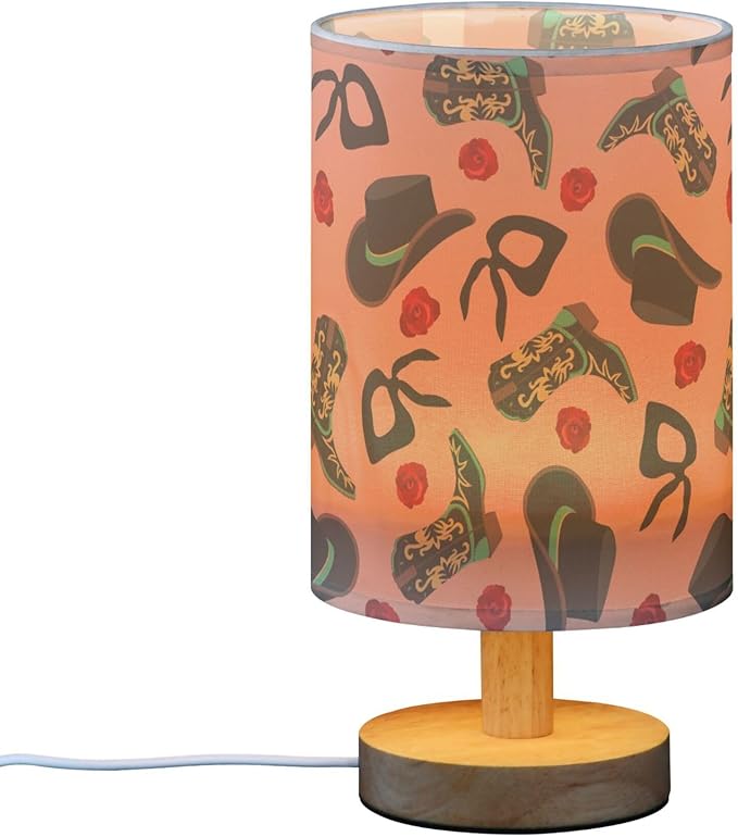 Table Lamp Retro Cowgirl Pattern Cowboy Hat Boot Bandanas Rose Nightstand Lamp with Wood Base Fabric Lamp Shade Bedside Desk Lamp for Living Room Bedroom Kids Room Office