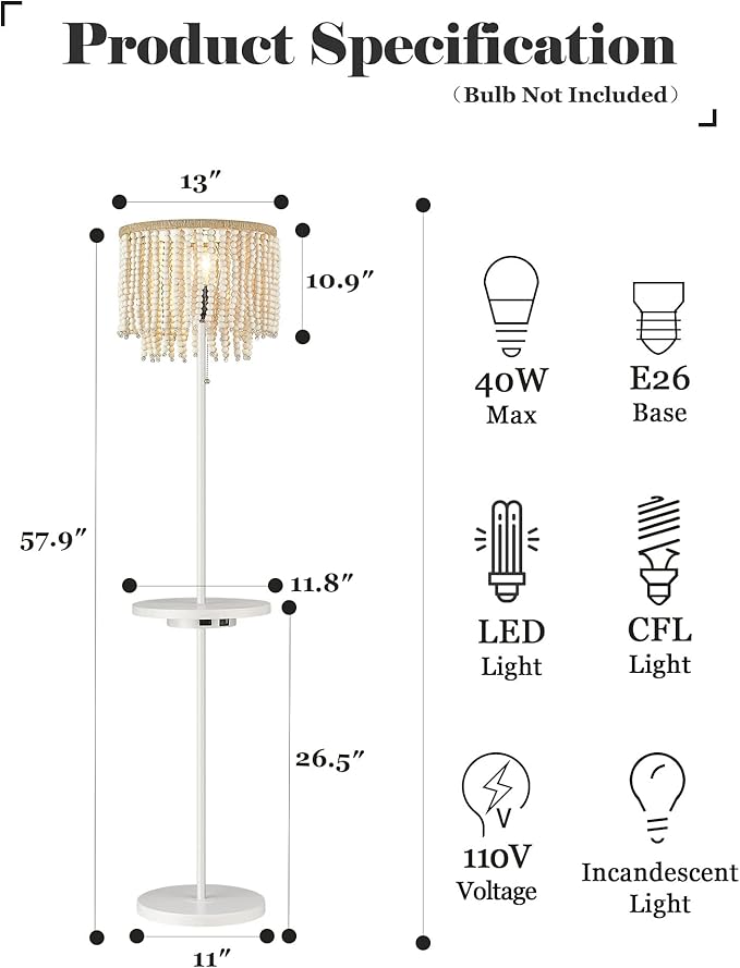 ELYONA Boho Standing Light Birch Wood Beaded Table Floor Lamp with USB Type-C Charging Ports and Outlet, 58" Tall Reading Lamp, Side Table Lamp for Farmhouse Bedroom Livingroom Girl Room, White