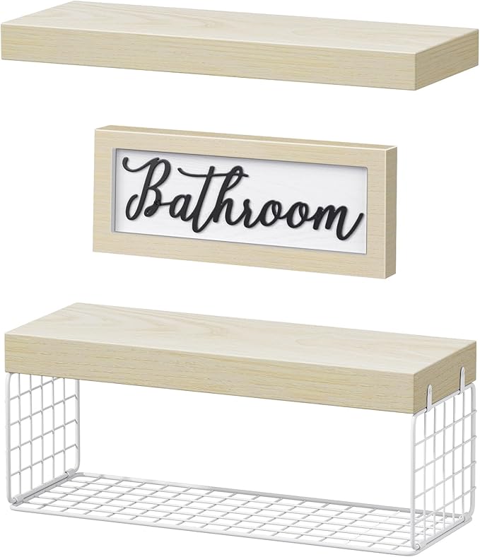 QEEIG Bathroom Shelves Over Toilet - Paper Storage Wall Mounted Farmhouse Decor Decorations Aesthetic Décor Sign Small Floating Shelf 2+1 Set 16 inch, Natural (020NW)