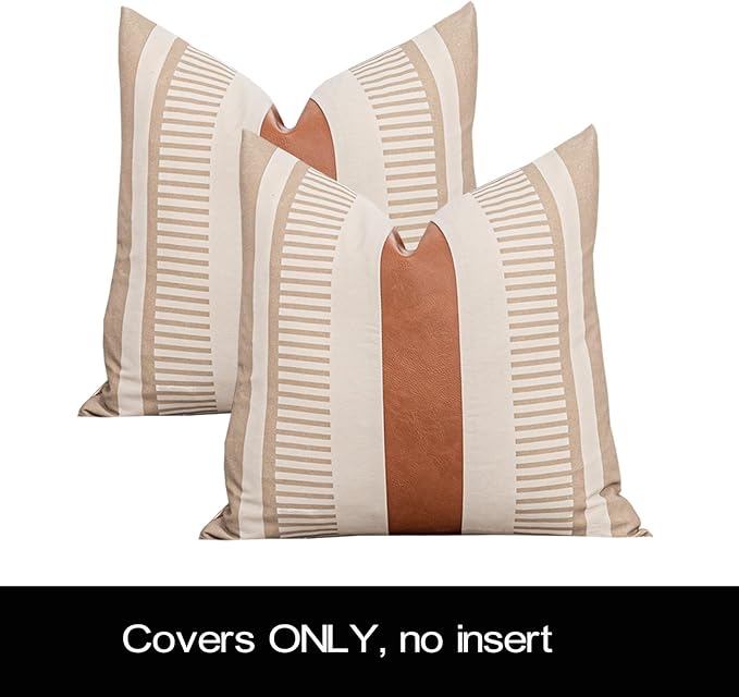 Farmhouse Decorative Throw Pillow Covers 18x18 Neutral Boho Cushion Cover Faux Leather Accent Pillowcase,Tan and Beige (Cover ONLY, Pack of 2)