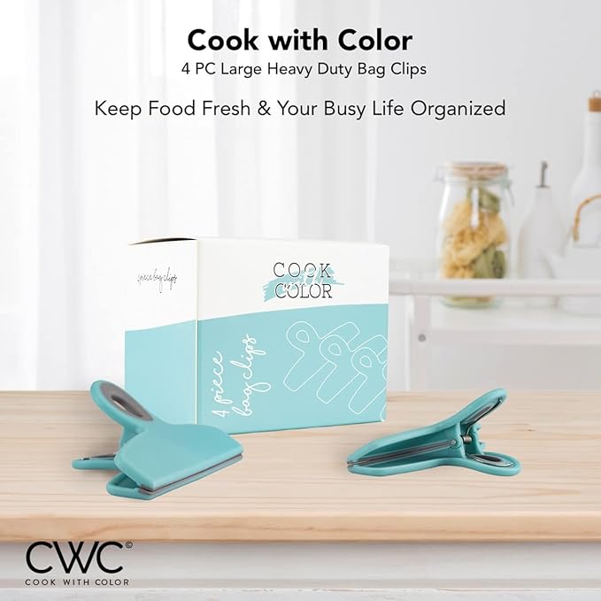 COOK WITH COLOR Bag Clips - Heavy Duty Chip Clip and Refrigerator Magnet Clips for Food Storage with Air Tight Seal Grip, Teal, Pack of 4 Large Clips