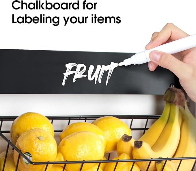 J JACKCUBE DESIGN 3 Tier Wall Mount Fruit Basket, Hanging Wire Fruit Vegetable Storage Organizer Rack for Kitchen with Chalkboard- MK657B
