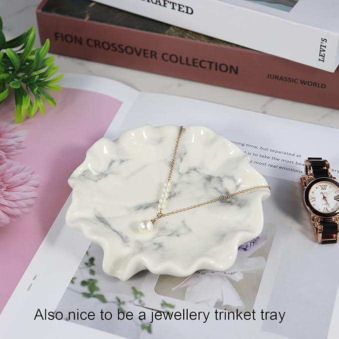 Lotus Leaf White Marble Pattern Soap Dish Ceramic Soap Holder Self Draining Soap Dish Waterfall Slot Sponge Holder Bathroom Accessories for Bathroom, Kitchen,Bar Counter