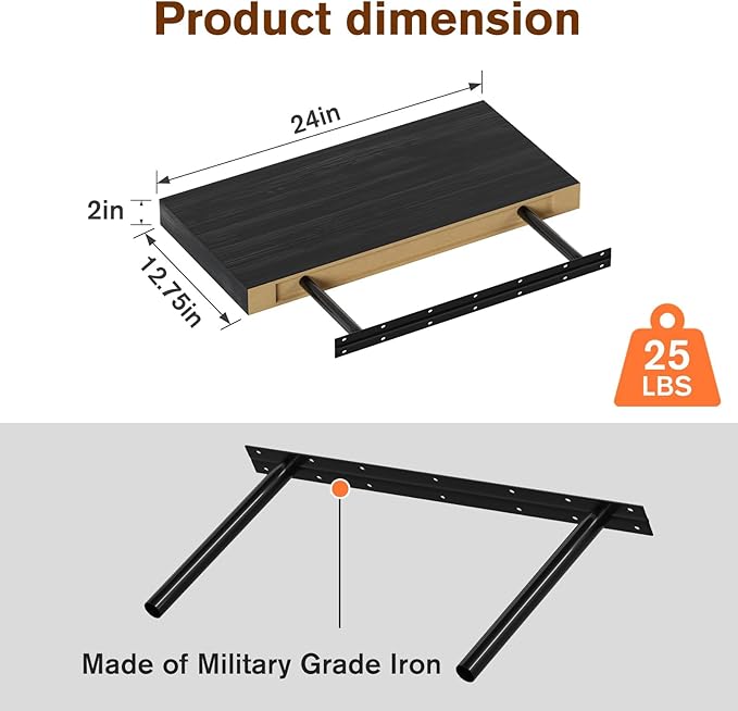 Floating Shelf, Set of 1 Wall Shelf, 24 in W x 12.75 in D x 2 in H Wooden Floating Wall Shelf with Invisible Brackets for Living Room/Bedroom/Bathroom/Kitchen Storage and Decor, Black Wood