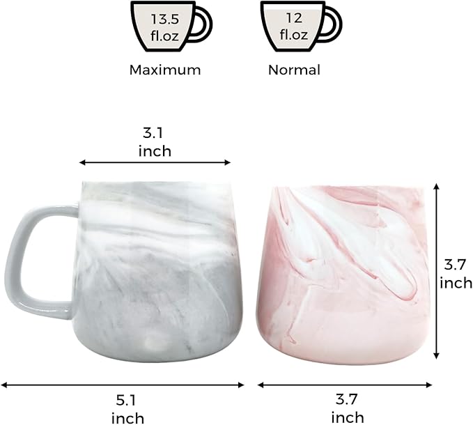 Ceramic Coffee Mug Set of 2, Gray and Pink Marble Pattern Procelain Couple Mugs, Stoneware Matching Cups, Dishwasher Safe, Microwave Safe, 13 oz